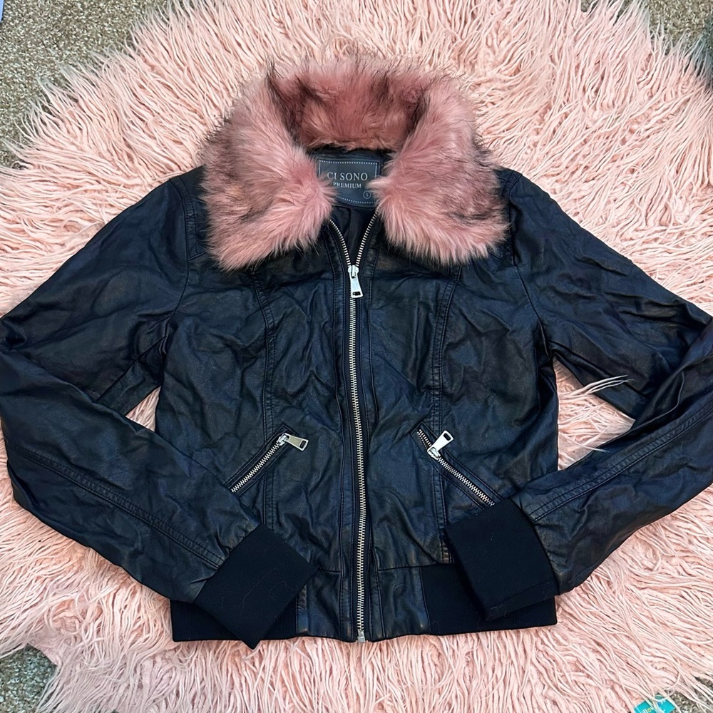 Black Bomber Jacket with Blush Fur Collar